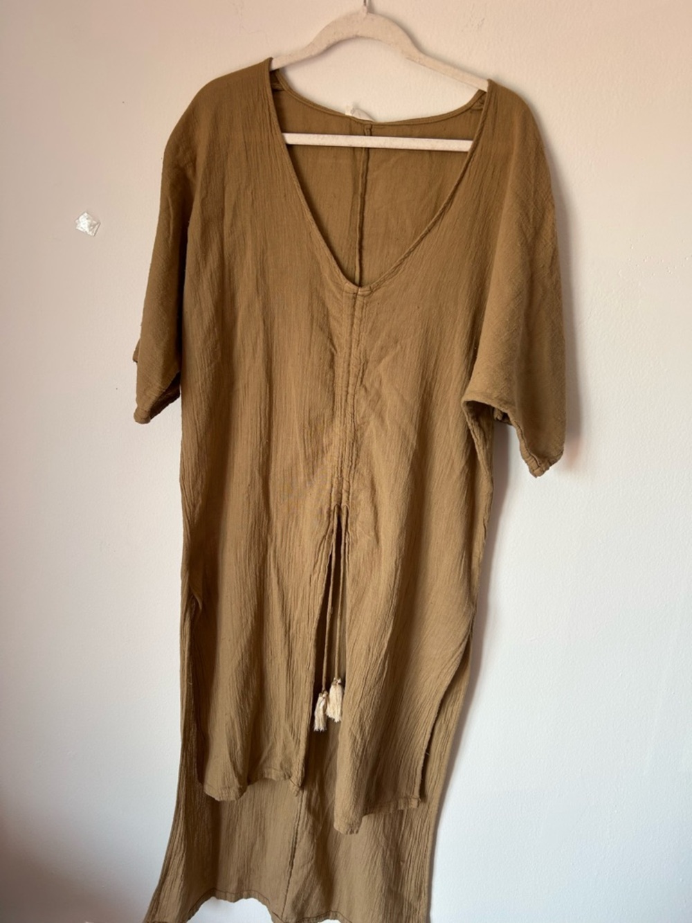 Lightweight Tan V-Neck Tunic with Tassel Tie Never worn 100% cotton